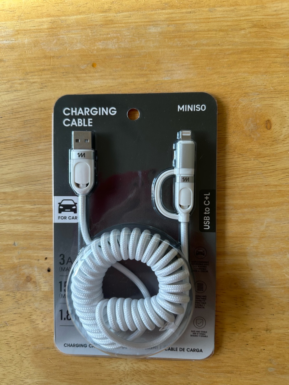 MINISO White Coiled USB to Lightning/Type-C Charging Cable